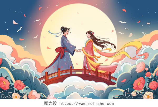 彩色卡通手绘中国传统七夕节情人节原创插画海报